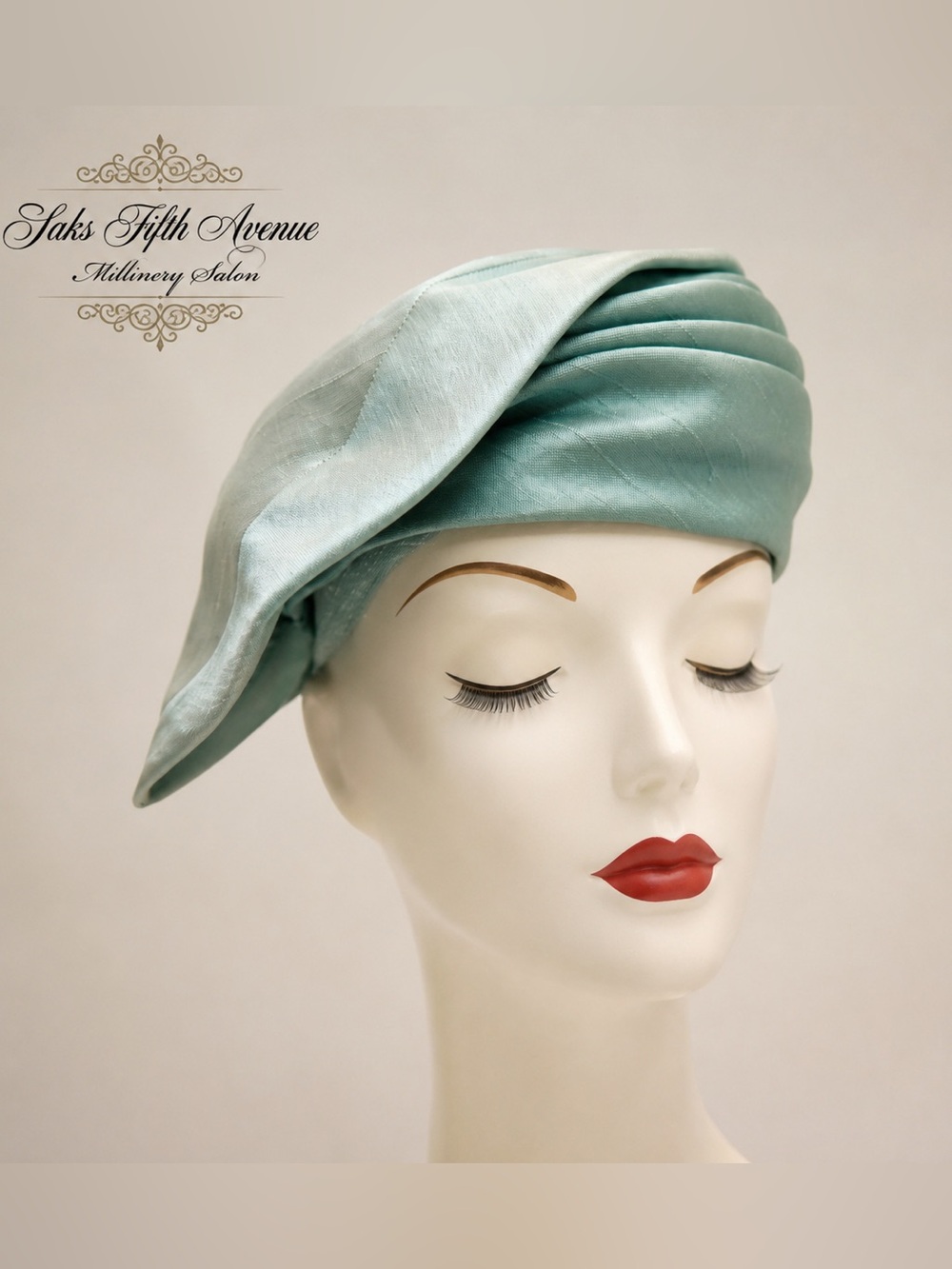 Rare Vintage Saks Fifth Avenue Millinery Salon Aqua Silk Turban Cocktail Hat
